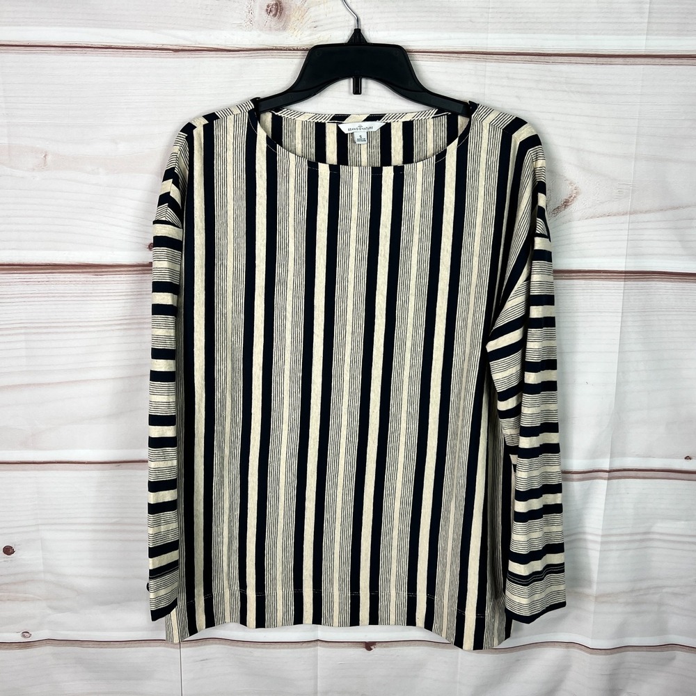 LL Bean Signature Top Women Small Blue Beige Stripe Blouse Boat Neck Long Sleeve